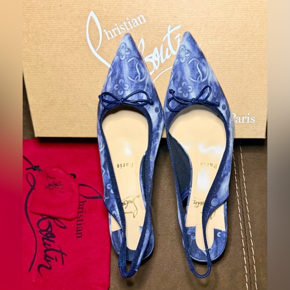 Christian Louboutin Denim Sling Pumps Kitten Heels LIKE NEW - Picture 2 of 10
